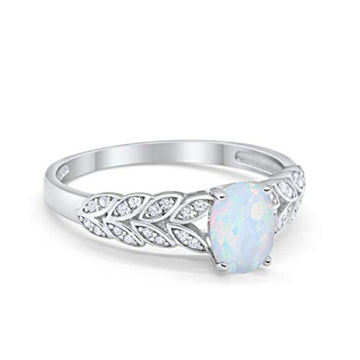 Solitaire Floral Accent Oval Lab White Opal Wedding Ring 925 Sterling Silver